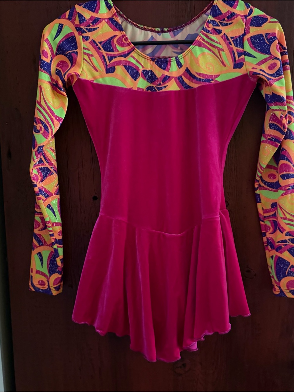 Motionwear Hot Pink Velvet Dance Leotard with Neon Multicolor Yoke